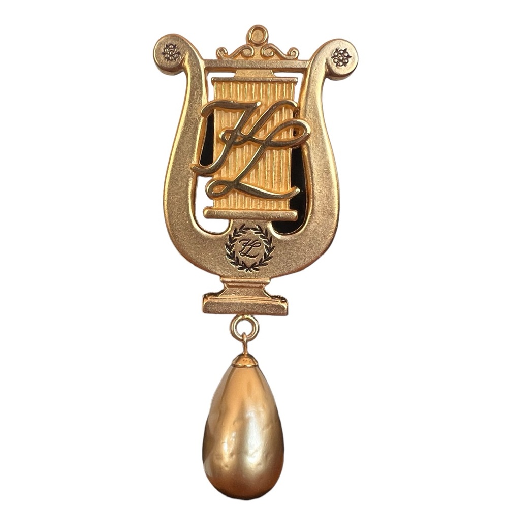 Authentic Vintage Karl Lagerfeld Matte Gold Tone Lyre Brooch w/ Faux Pearl